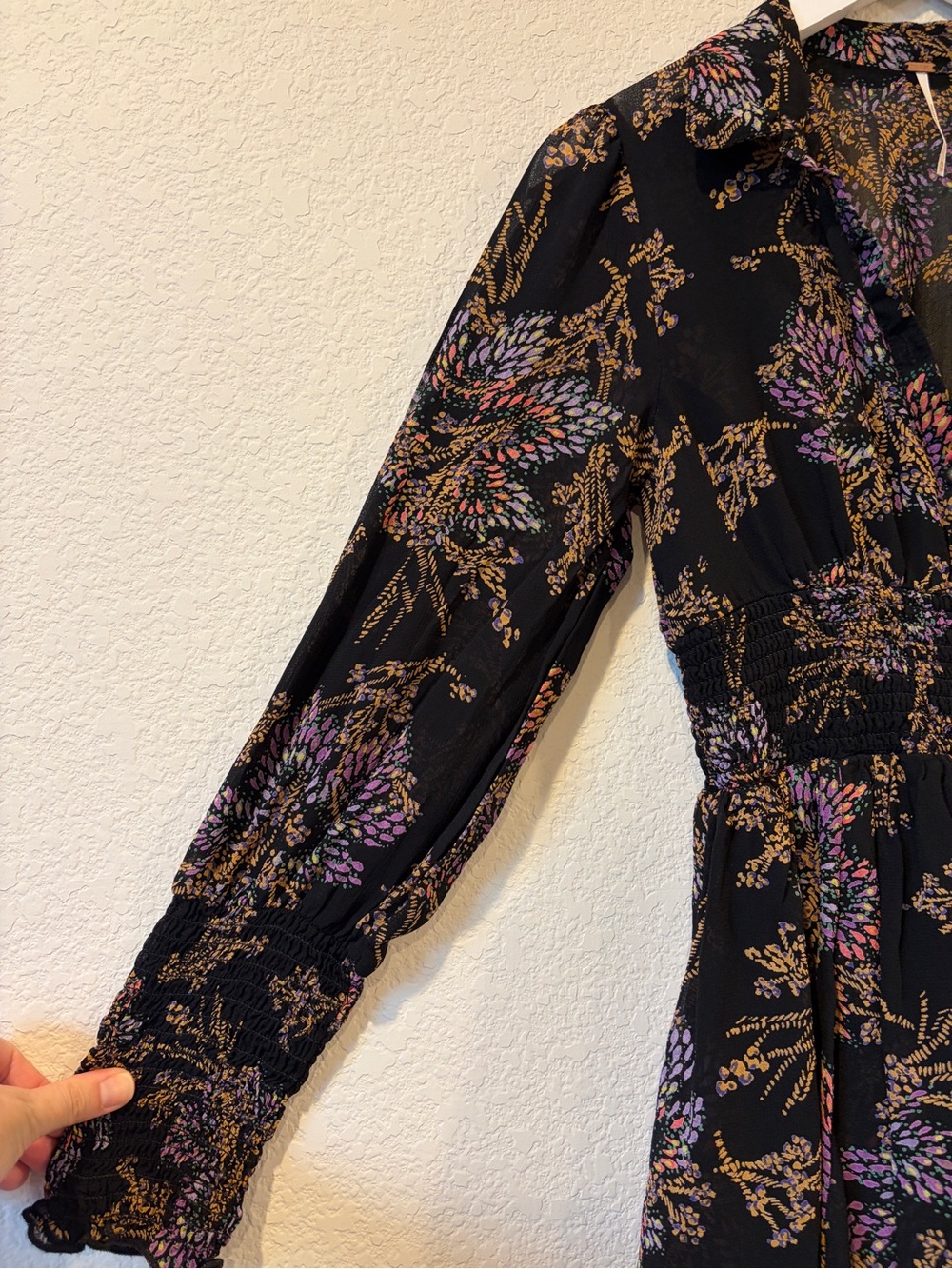 Free People Fake Pretend Black Print Long Sleeve Mini Dress - XS - Picture 4 of 9
